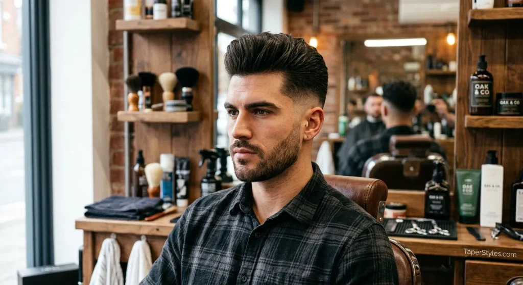 Mid Taper Fade Guide: Styles & Face Shapes (2026) 8 **Alt text:**
A young man showcasing a **Mid Taper Quiff** hairstyle, featuring voluminous hair styled upward and back at the front with clean tapered sides and a modern, textured finish.