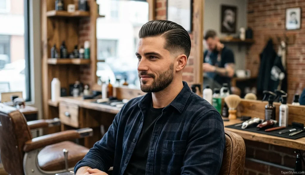 Mid Taper Fade Guide: Styles & Face Shapes (2026) 7 **Alt text:** Mid Taper Slick Back hairstyle on a man with neatly slicked-back hair and clean tapered sides, branded with TaperStyles.com.