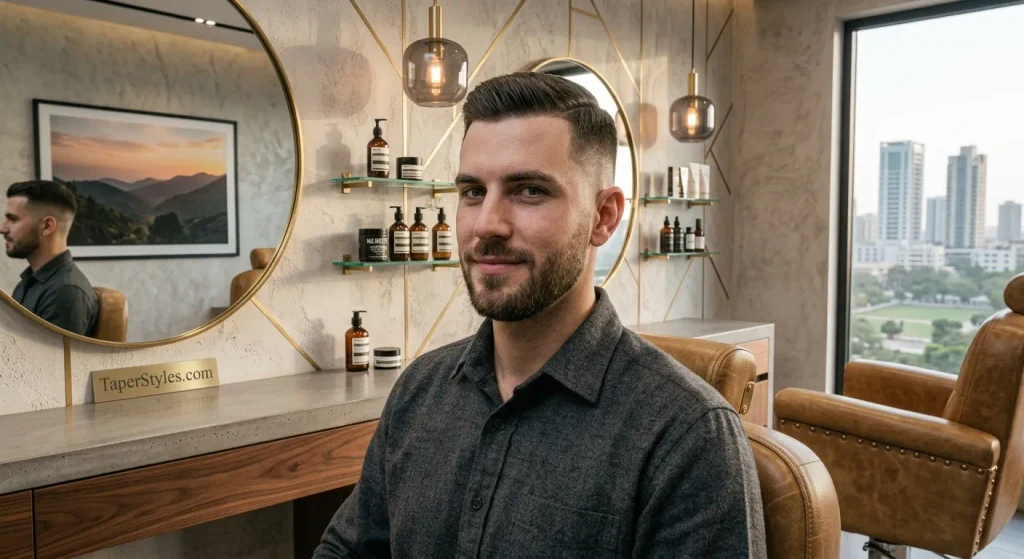Mid Taper Fade Guide: Styles & Face Shapes (2026) 14 A young man showcasing a Mid Taper to Skin hairstyle, featuring hair gradually fading from medium length into a clean skin fade around the sides and back for a sharp, modern look.