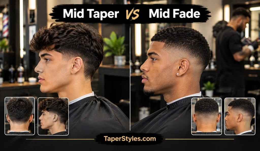 Mid Taper Fade Buzz Cut: A Barber-Ready Guide 2026. 4 Mid taper vs mid fade haircut comparison on two men in a barbershop.