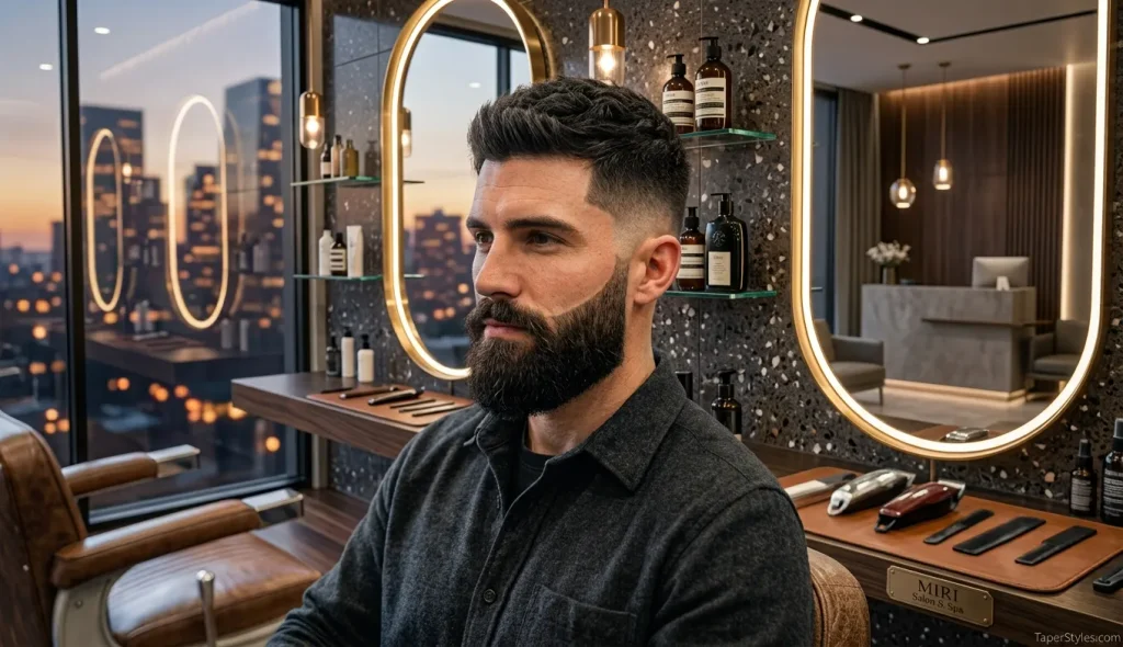Mid Taper Fade Guide: Styles & Face Shapes (2026) 10 **Alt text:**
A young man showcasing a **Mid Taper with Beard** hairstyle, featuring clean mid-tapered sides, textured hair on top, and a neatly groomed full beard for a sharp, modern look.