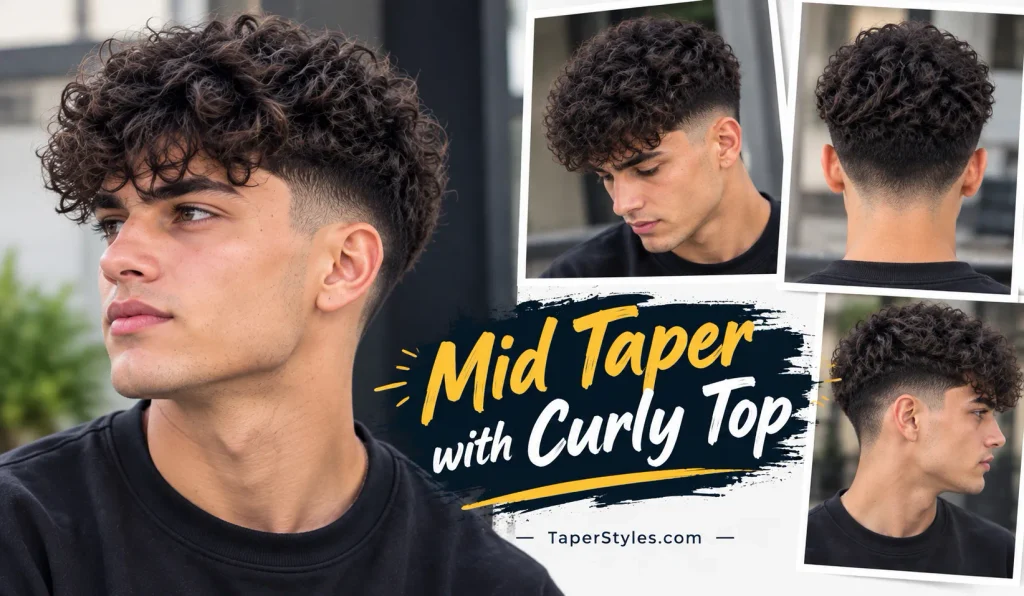 Mid Taper Fade Guide: Styles & Face Shapes (2026) 5 A young man with a mid taper fade and curly textured top, showcasing a clean, modern men’s hairstyle with tapered sides and natural curls on top.