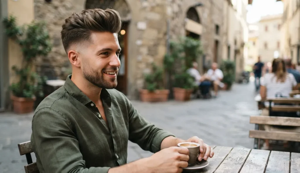 Quiff haircut with a low fade and voluminous styled top.