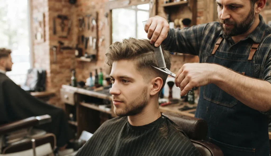 Man with a textured fringe and scissor-cut sid