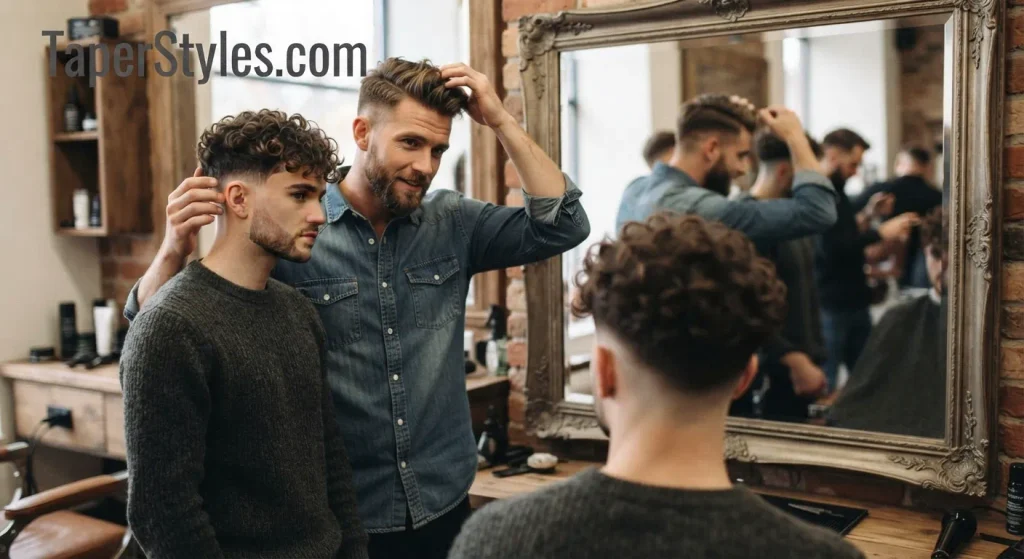 Short curly top with a clean mid taper fade on the sides.