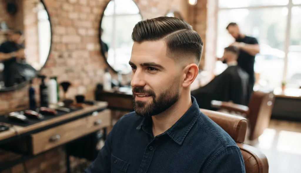Side part haircut with a clean low fade and neatly styled top.