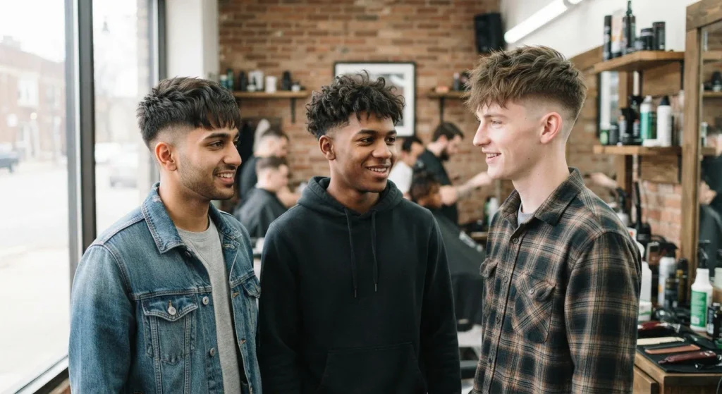 Man with a skin fade and full textured top with fringe