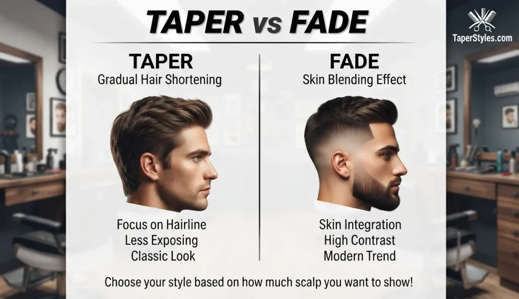 Taper vs Fade haircut comparison showing taper and fade styles in a modern barbershop.