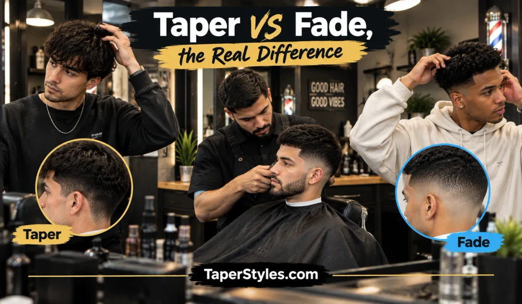 Mid Taper Fade Buzz Cut: A Barber-Ready Guide 2026. 5 Taper vs fade haircut comparison in a barbershop.