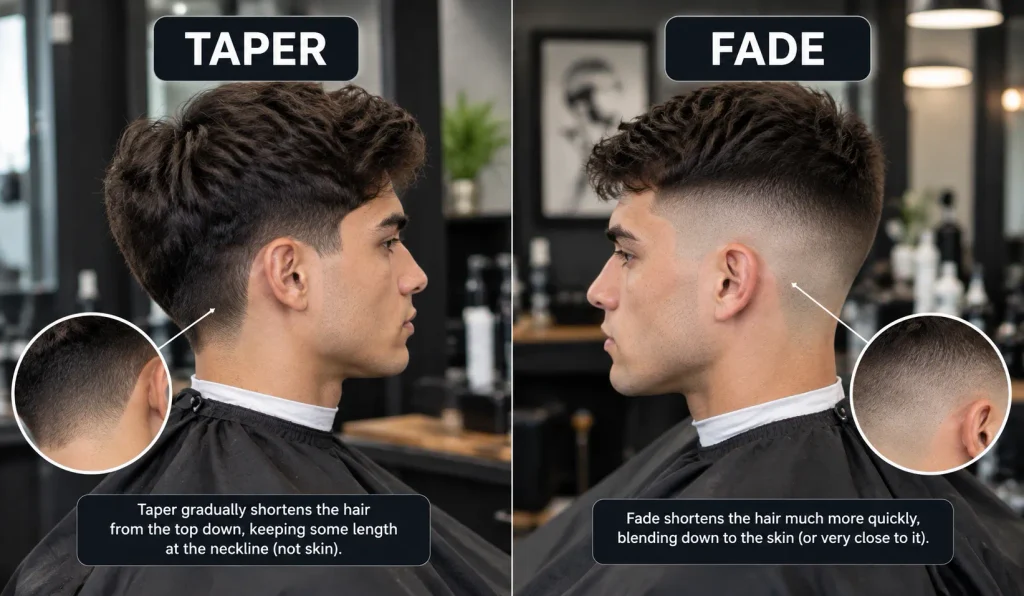 Blowout Taper Textured Fringe: The Complete Barber's Guide 3 Blowout taper textured fringe showing taper vs fade haircut