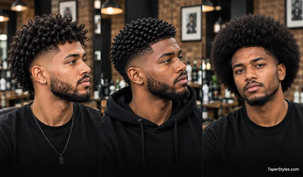 Mid Taper Fade for Black Male: 22 Best Styles for 2026 11 Black man with natural curls, coils, and afro hairstyles in a barbershop