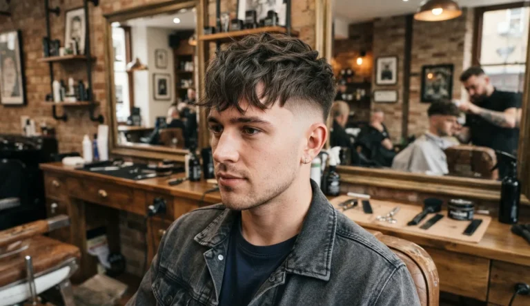 Textured Fringe Haircut: 11 Styles + What to Tell Your Barber (2026) 9 Man with a textured fringe haircut, point-cut front and tapered sides