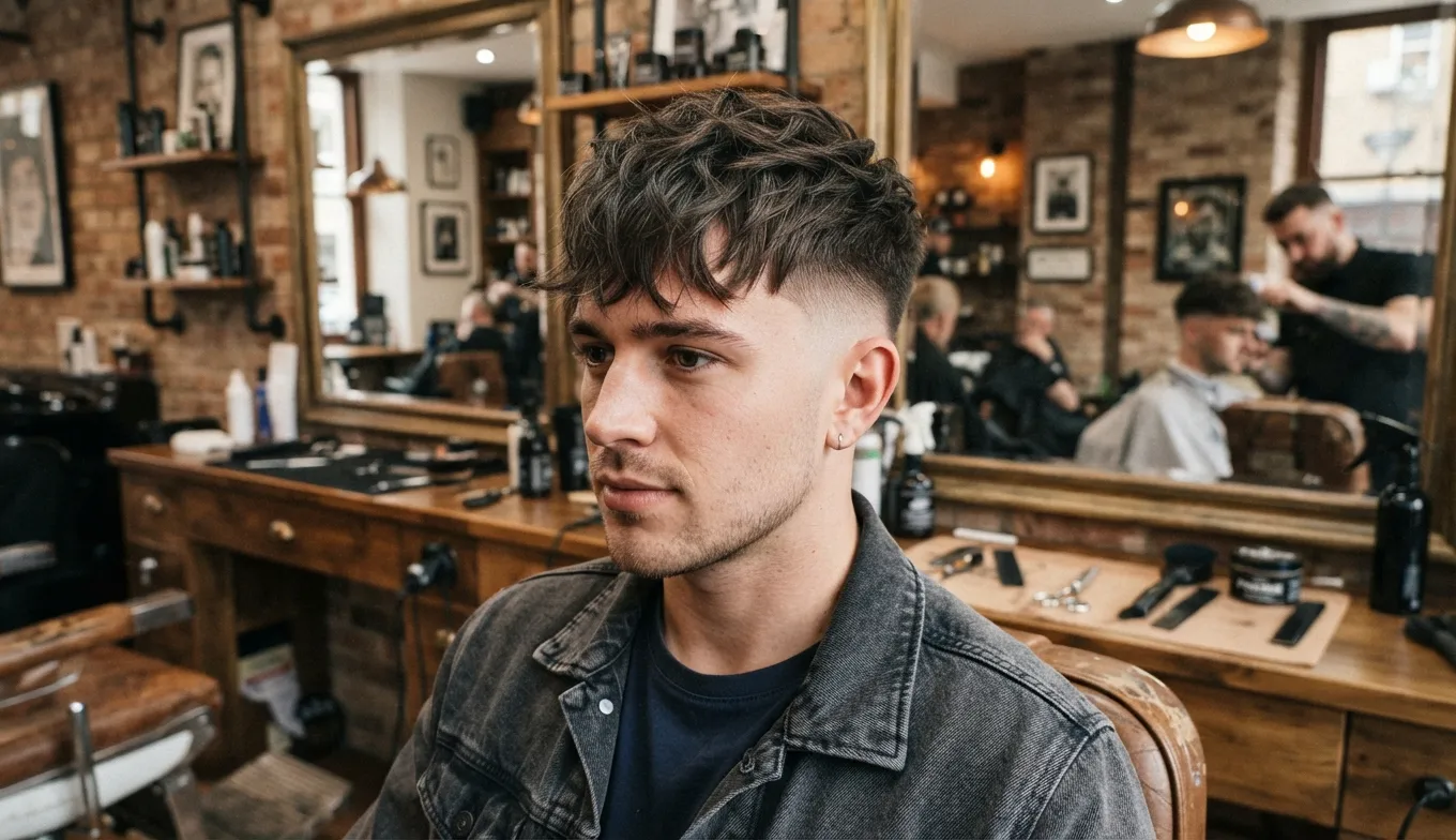Man with a textured fringe haircut, point-cut front and tapered sides