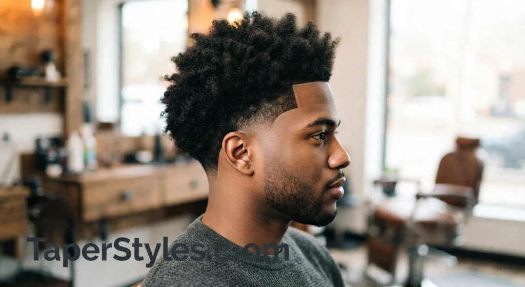Textured afro with a clean mid taper fade around the sides and neckline.