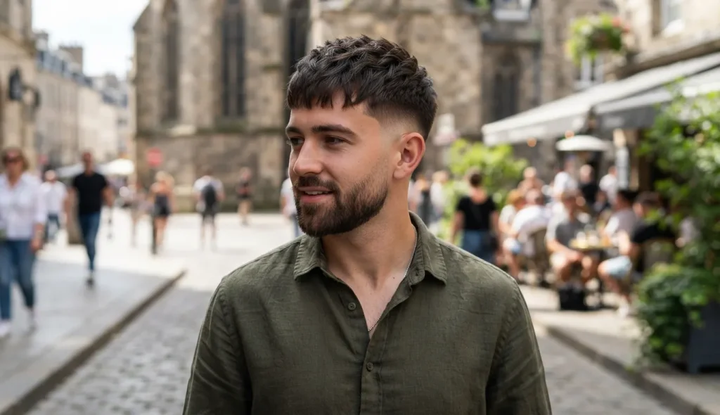 Textured crop haircut with a clean low fade and layered top