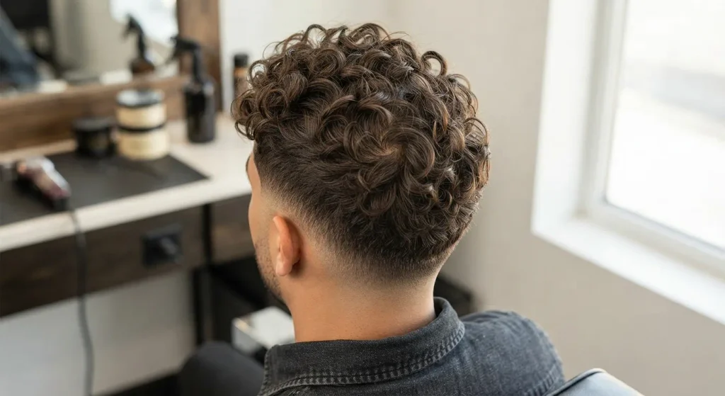 Low Taper Fade Curly Hair: Styles, Tips & Barber Guide 2026 7 The crown area showing natural curl growth and hair direction.