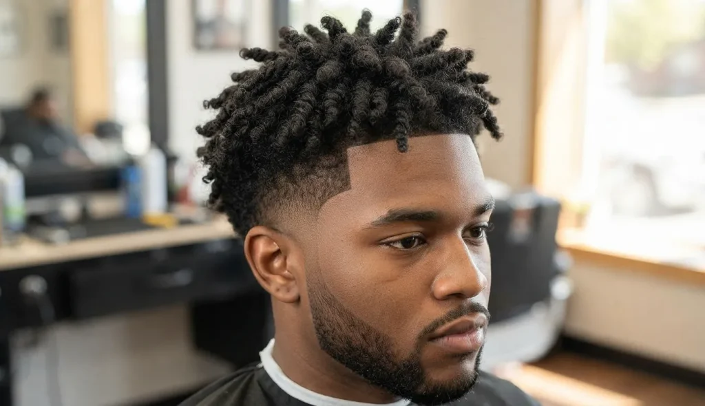 Low Taper Fade Curly Hair: Styles, Tips & Barber Guide 2026 19 Man wearing a taper haircut with defined twist-out curls created using a sponge twist technique.