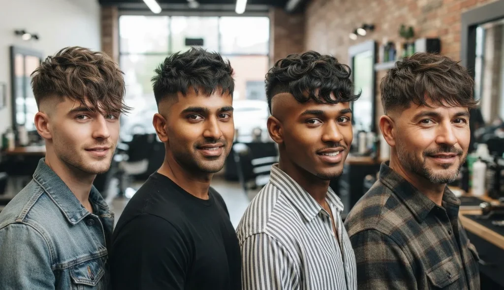 Man with a wavy textured fringe haircut and tapered sides