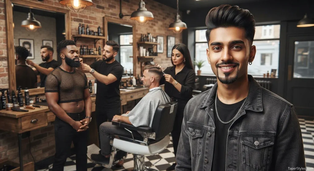 Wet look mid taper with slick, defined hair and a clean taper around the sides.