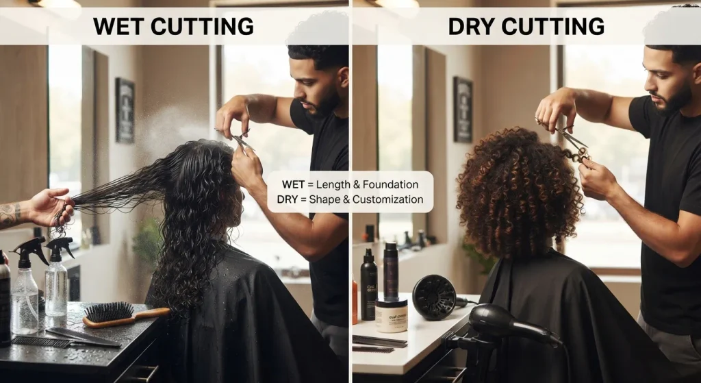 Low Taper Fade Curly Hair: Styles, Tips & Barber Guide 2026 8 Wet or dry cutting for curly hair, showing how hair looks when wet and dry.