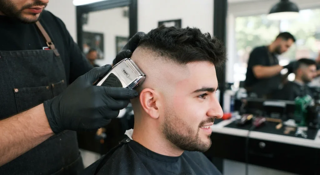 Skin fade close-up showing the fade line ending at bare skin versus a taper
