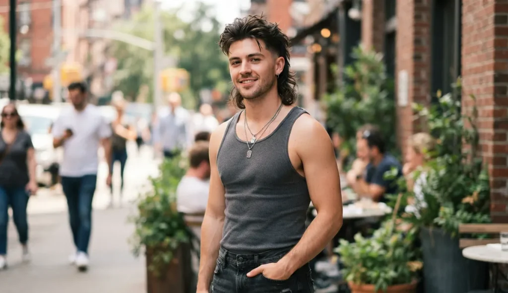 Modern mullet haircut with faded sides and longer back