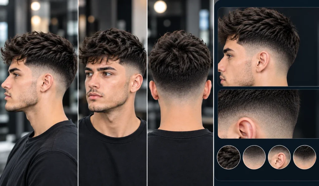 Text-free collage showing a textured low fade haircut on a man from side, front, back, and close-up views.