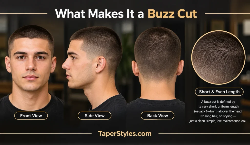 Mid Taper Fade Buzz Cut: A Barber-Ready Guide 2026. 3 Buzz cut shown from front, side, and back.