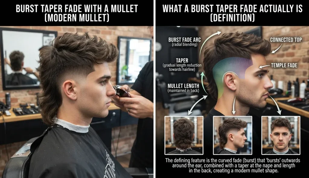 Burst Taper Fade: Styles, Cost & What to Ask Barber 2 Burst taper fade haircut showing the curved fade around the ear and preserved back length