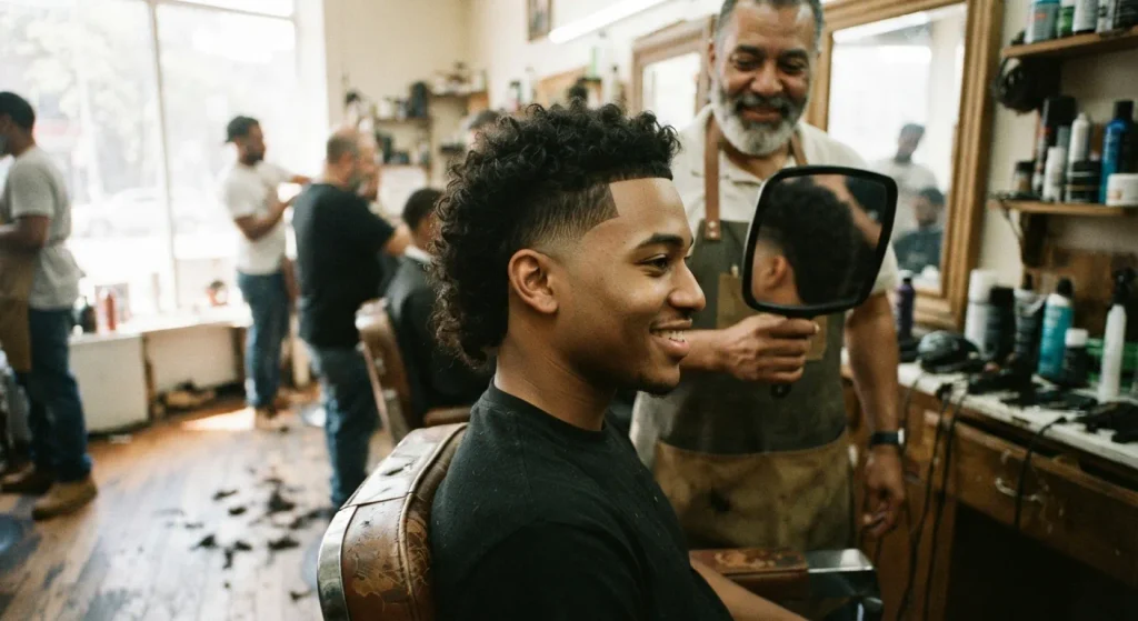 Burst Taper Fade: Styles, Cost & What to Ask Barber 3 Burst fade curve showing the rounded taper shape around the ear