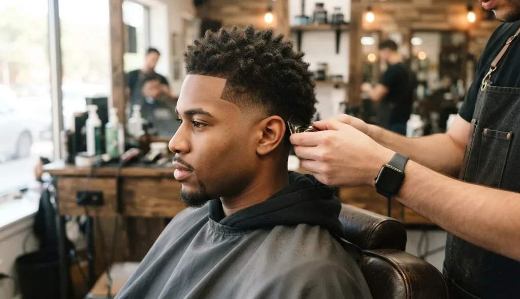 Low Burst Fade: The Complete Guide 2026 2 Low burst fade haircut with a curved fade around the ear and textured hair on top.